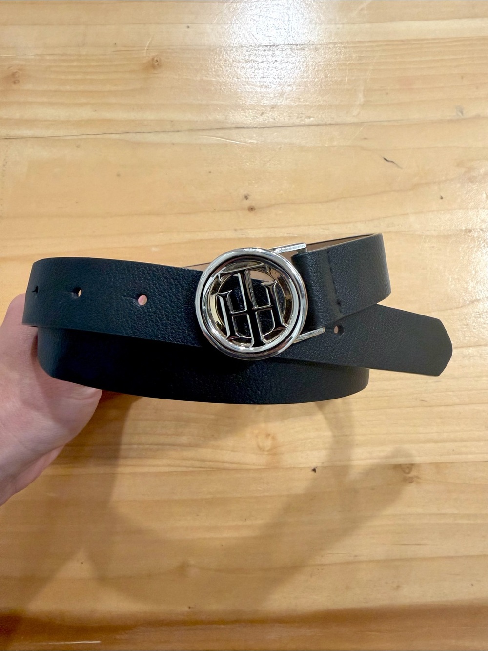 Tommy Hilfiger Black Leather Belt with Gold Logo Buckle